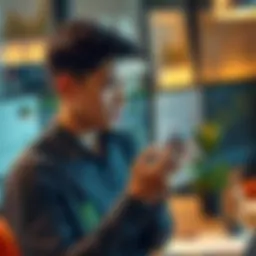A young investor, holding a phone with financial graphs on the screen, looks pensive while contemplating investment decisions, with a blurred view of a laptop and financial documents in the background...