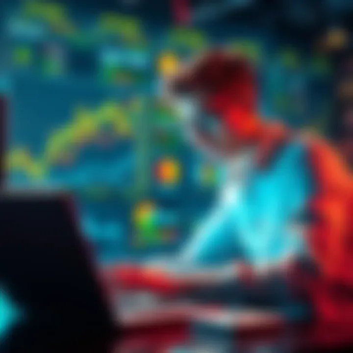 Young investor researching cryptocurrency A 19-year-old studying cryptocurrency charts and market trends on a laptop, planning investment strategies.