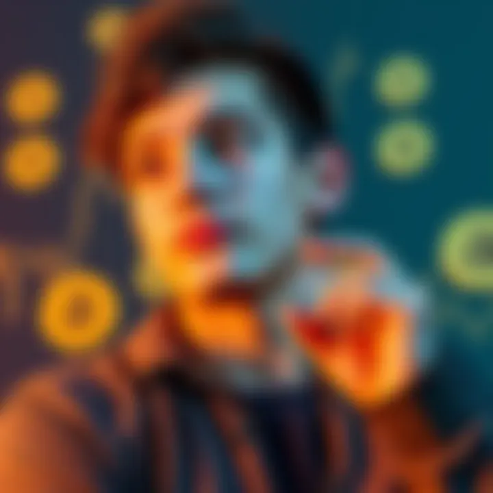 A 22-year-old man contemplating a significant investment in cryptocurrencies, with digital currency symbols in the background.