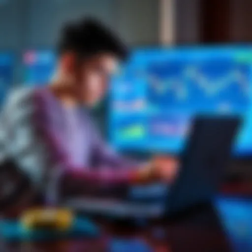 A young person looking at cryptocurrency options on a laptop, with charts and graphs on the screen, symbolizing beginner crypto investing