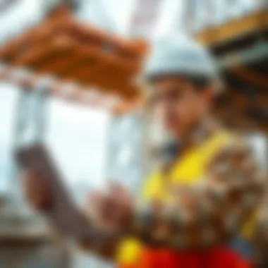 A 24-year-old construction worker reviewing his investment in XRP and XLM on a laptop at a construction site, looking concerned about the market downturn.