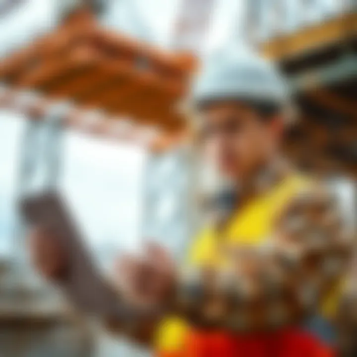 A 24-year-old construction worker reviewing his investment in XRP and XLM on a laptop at a construction site, looking concerned about the market downturn.