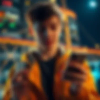 A 21-year-old man looks at his phone with excitement as he sees his crypto portfolio exceeding $100k, pondering his financial future.