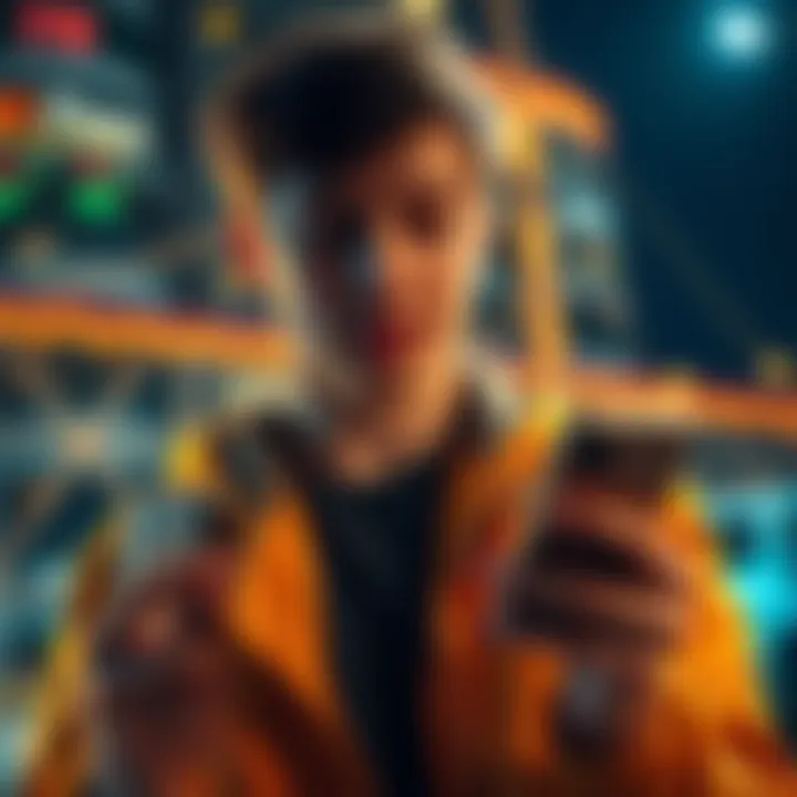 A 21-year-old man looks at his phone with excitement as he sees his crypto portfolio exceeding $100k, pondering his financial future.