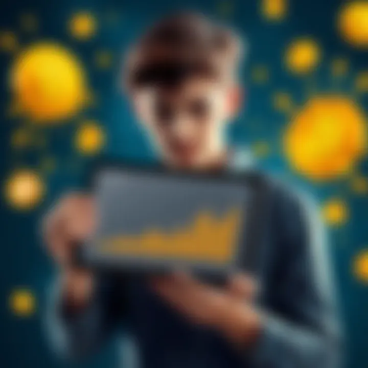 An 18-year-old holding a tablet showing a crypto portfolio graph, surrounded by coins and digital currency symbols.
