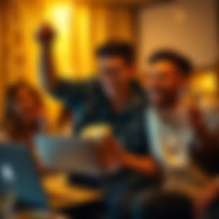 A 28-year-old celebrating with friends, showing a laptop screen with impressive crypto gains, as they prepare for marriage.