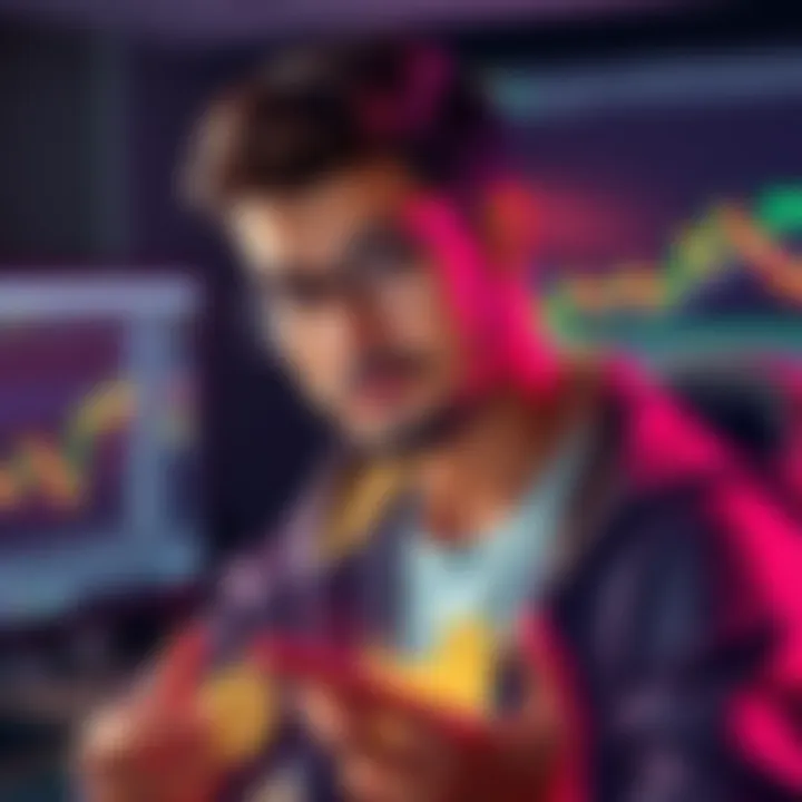 A 28-year-old man holding Doge coins, looking hopeful about his investment in cryptocurrency, with a computer and financial charts in the background.