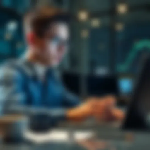 A young investor looking at Ethereum charts on a laptop with graphs showing a bullish trend, symbolizing growth and strategy for market corrections