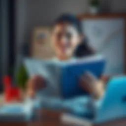 A 19-year-old girl holds financial books and looks excited about her investment journey, surrounded by charts and a laptop.