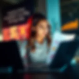 A 17-year-old girl reviewing her financial plan, featuring a laptop and charts on investments in BTC, gold, and index funds.