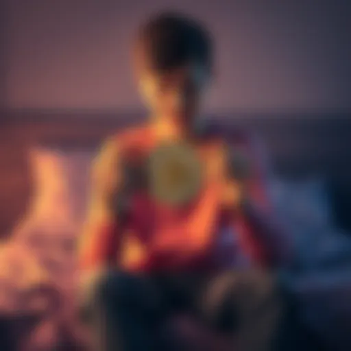 A young person sitting on a bed, holding a single Kaspa coin with a worried expression, representing their only remaining asset after a family emergency.