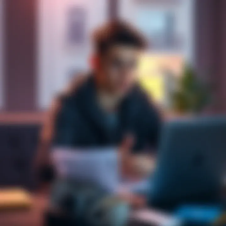 Young Investor Considering Monero A young person analyzing cryptocurrency options with a laptop and financial documents, contemplating using Monero for savings.