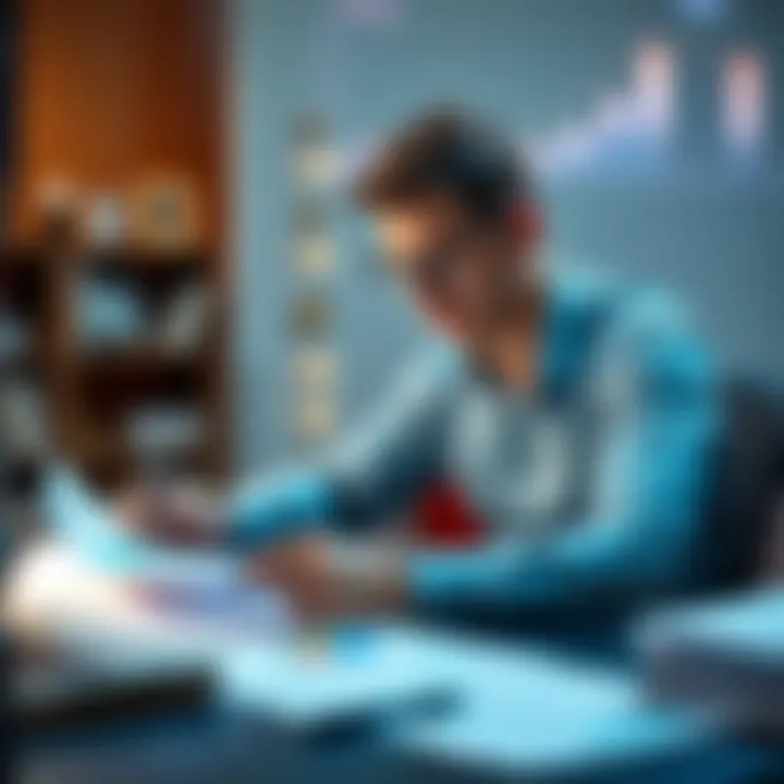 A young man analyzing financial charts and notes at a desk, symbolizing long-term investing strategies.