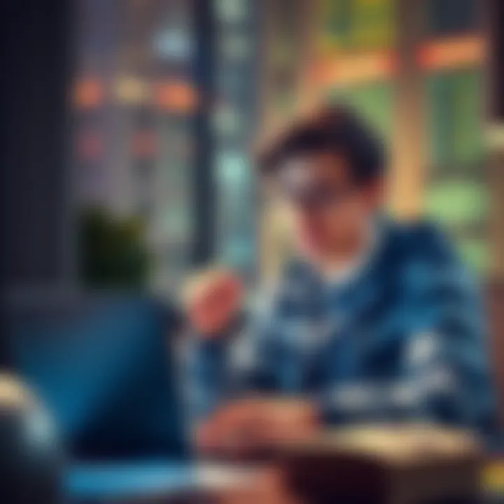 A young adult looking at investment options on a laptop, pondering aggressive portfolio choices and savings strategy.