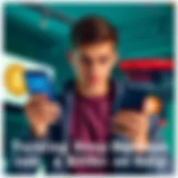 A 20-year-old man holding a smartphone showing Bitcoin charts, looking determined. Behind him is a beef jerky product, symbolizing his past business venture.
