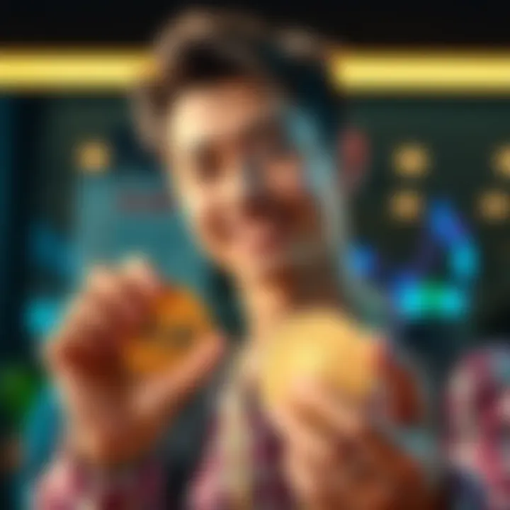 A 24-year-old investor smiling while holding physical coins with XLM logo, symbolizing confidence in crypto investment.