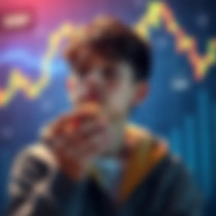 A young investor with a thoughtful expression, holding XRP coins, looking hopeful for future gains, with a digital chart showing price increase in the background.