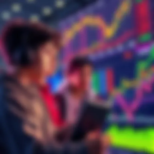 A group of young investors amazed by charts showing the rise of $HEX's value