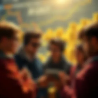 A group of young investors looking at cryptocurrency and tech stock charts, while gold coins are in the background