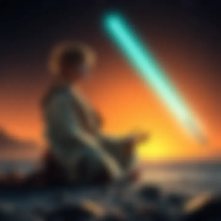 A young Jedi meditating with a lightsaber beside them, set against a starry background, symbolizing patience and growth.
