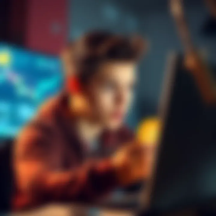 A young man looking at his computer screen with a surprised expression after finding an old Bitcoin address with a balance