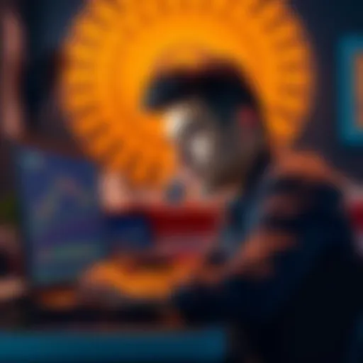 A 27-year-old man looking thoughtfully at a laptop screen displaying cryptocurrency charts and graphs, contemplating a monthly investment.