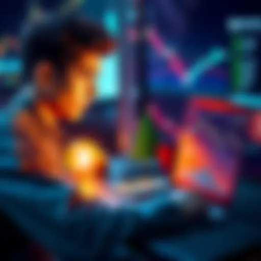 A 19-year-old looking at cryptocurrency options on his laptop, with charts and coins displayed on the screen.