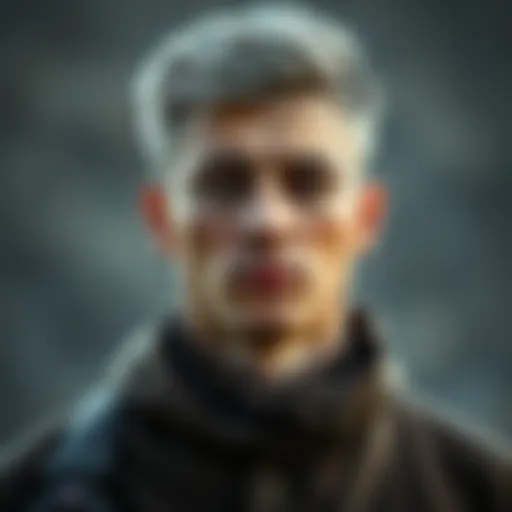 A young man with grey temples stands confidently, reflecting experiences of war and conflict.