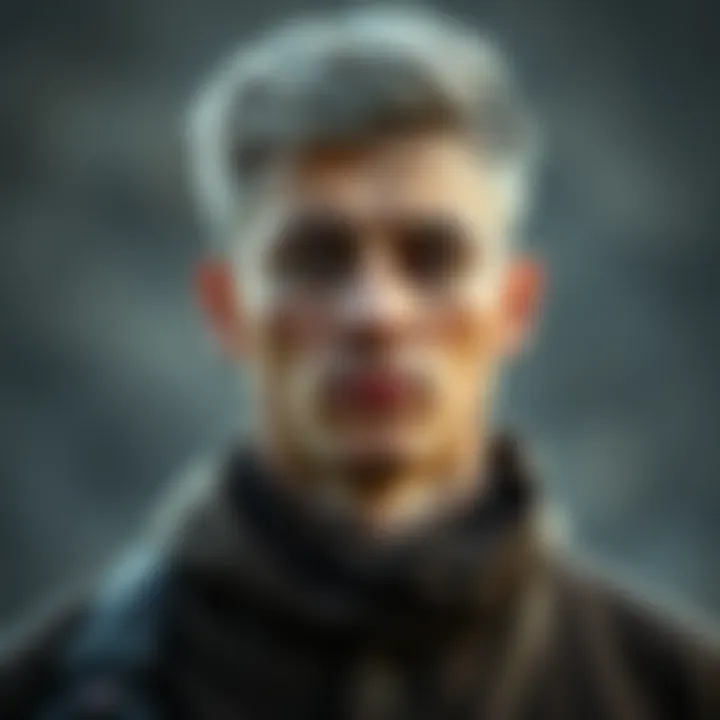 A young man with grey temples stands confidently, reflecting experiences of war and conflict.