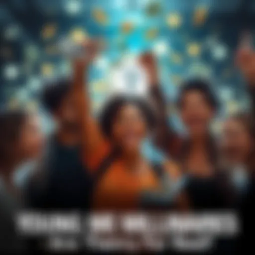 A group of young adults celebrating with money and memecoin symbols in the background.