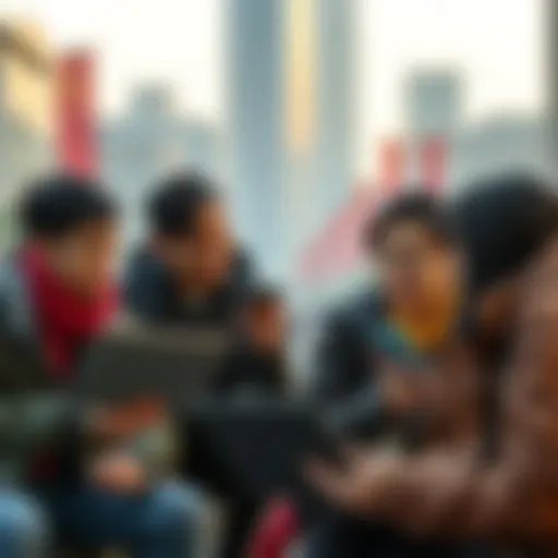 A group of young Chinese individuals discussing Bitcoin with laptops and smartphones in a city setting