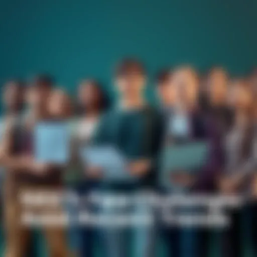 A diverse group of young individuals standing together, appearing worried about their future while holding papers and a laptop