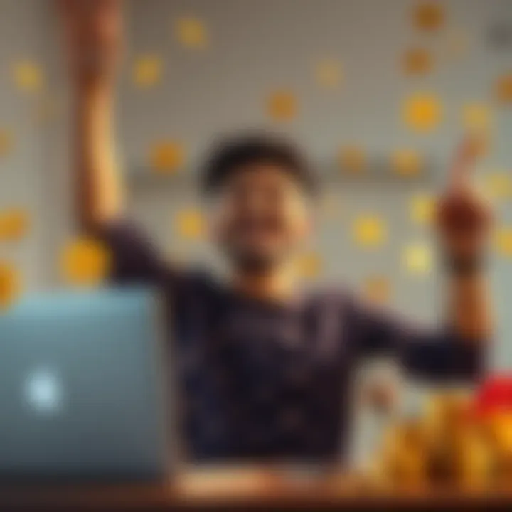 A 27-year-old celebrating early retirement with a smile, surrounded by cryptocurrency icons and a laptop.