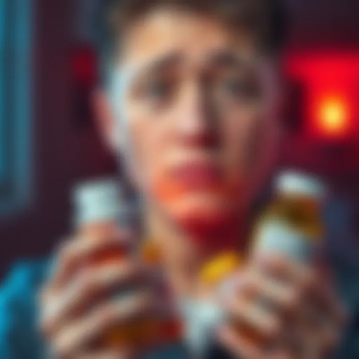 A 20-year-old person appears worried while holding several medication bottles, showcasing their struggle with mental health treatments.