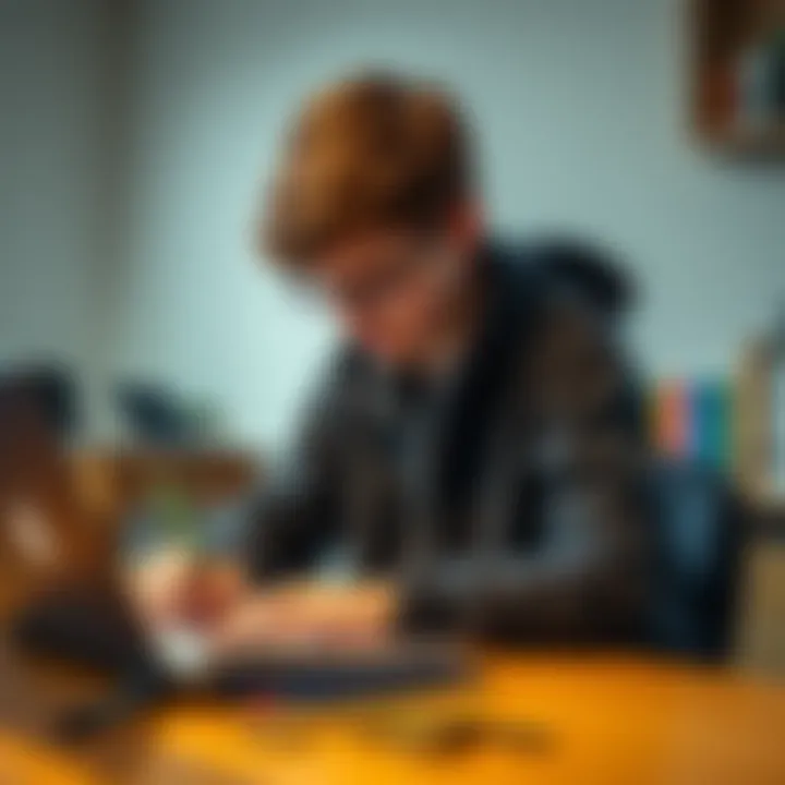 A 14-year-old student sitting at a desk, looking at a laptop while noting down Bitcoin investment strategies and savings amounts in a notebook.
