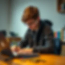 Young student planning Bitcoin investment A 14-year-old student sitting at a desk, looking at a laptop while noting down Bitcoin investment strategies and savings amounts in a notebook.