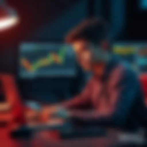 A thoughtful 15-year-old boy sitting at a desk, looking at trading charts on a laptop, contemplating his trading experiences and the need for guidance.