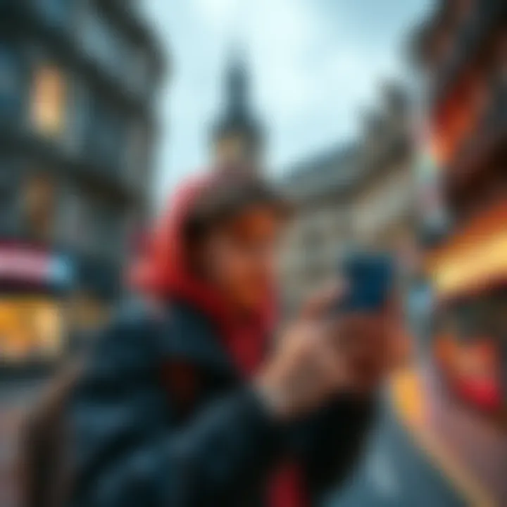 A teenager using Apple Pay on a smartphone while preparing for a trip to Edinburgh.
