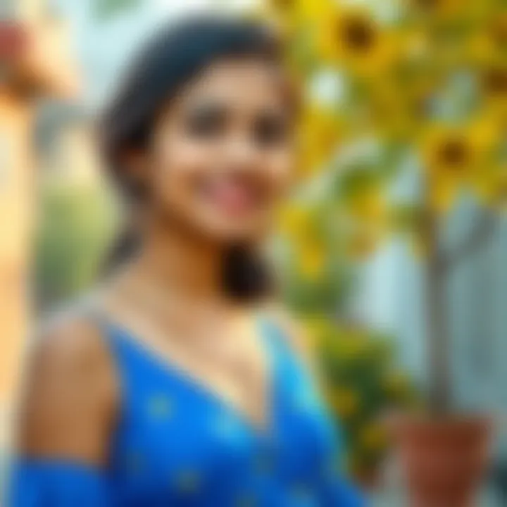A 26-year-old Indian woman wearing a stylish blue dress, standing confidently outdoors with a smile.