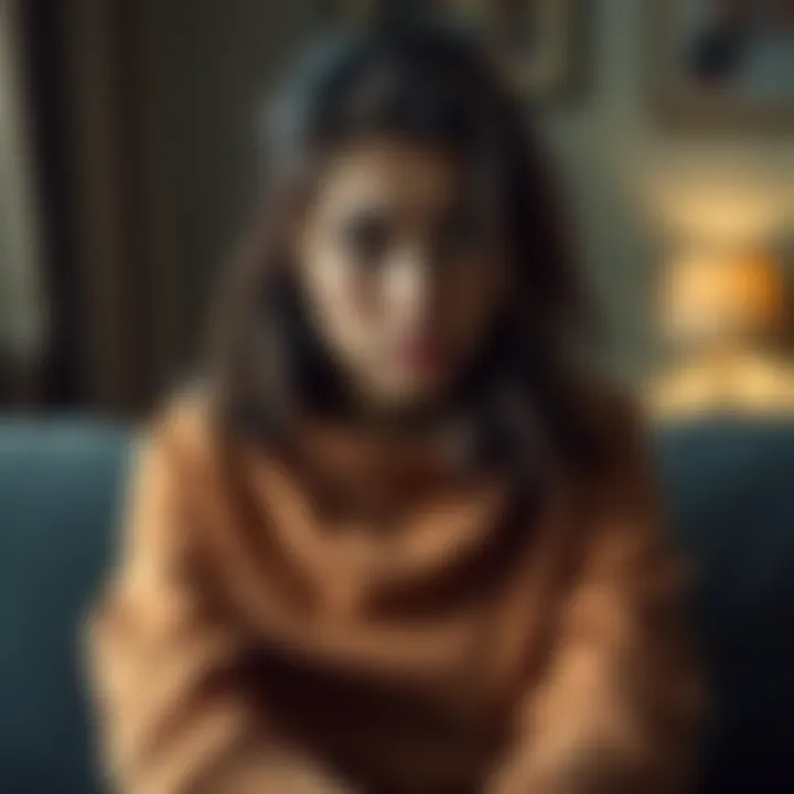 A young woman looks distressed while sitting on a couch, reflecting on her family's dark past.