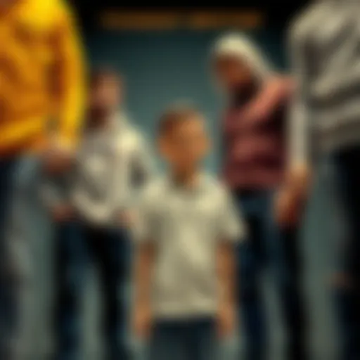 A younger brother stands confidently among taller siblings, showcasing a contrasting dynamic in size and strength within the family.