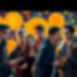 A group of young adults discussing Bitcoin, with digital currency symbols in the background