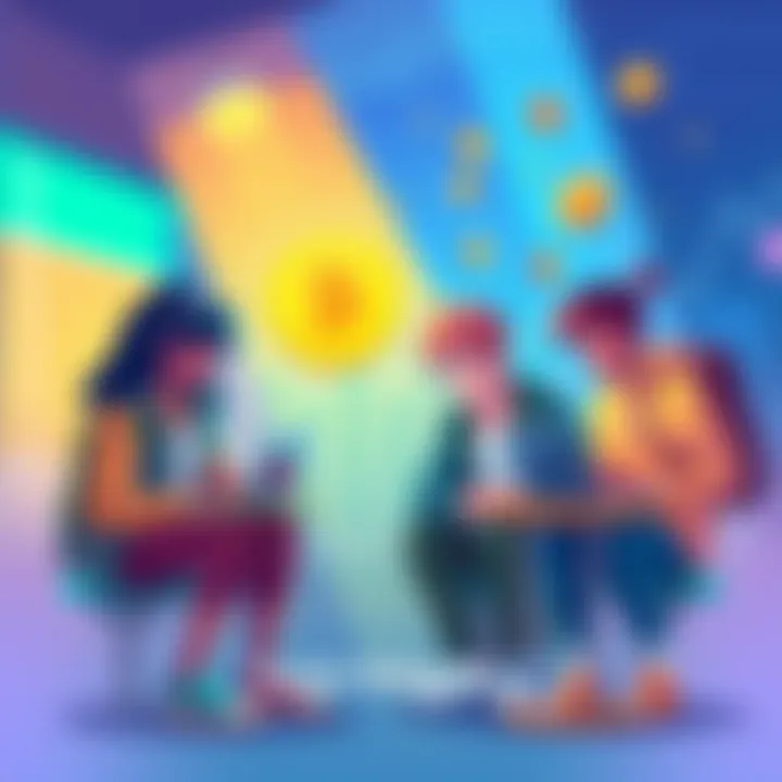 A vibrant illustration showcasing a diverse group of minors engaging with digital currency platforms in a secure environment.