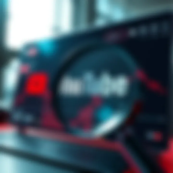 A visual representation of a YouTube interface displaying videos critical of Monero, with graphs showing declining view counts and a magnifying glass symbolizing scrutiny.