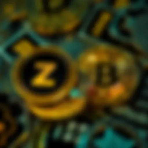 Visual comparison of Zcash and Bitcoin logos with a background of digital currency symbols