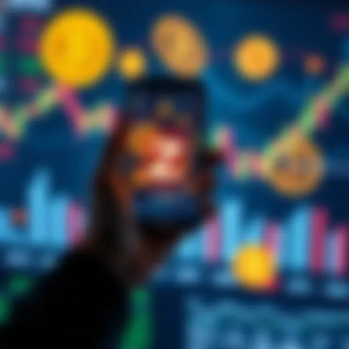 Zcash Investment Opportunity A person holding a smartphone displaying Zcash, with a background of financial charts and Bitcoin symbols, symbolizing investment potential.