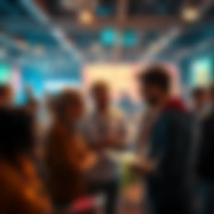 A group of people discussing investment opportunities in a vibrant community setting.