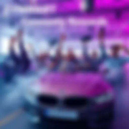 A vibrant scene showing people celebrating as they receive luxury rewards like BMW cars and iPhones, highlighting the power of community support and benefits from ZYNMART.